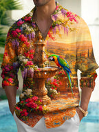Oceanlyte Men's Colorful Parrot And Garden Fountain Print Long Sleeve Shirt with Chest Pocket