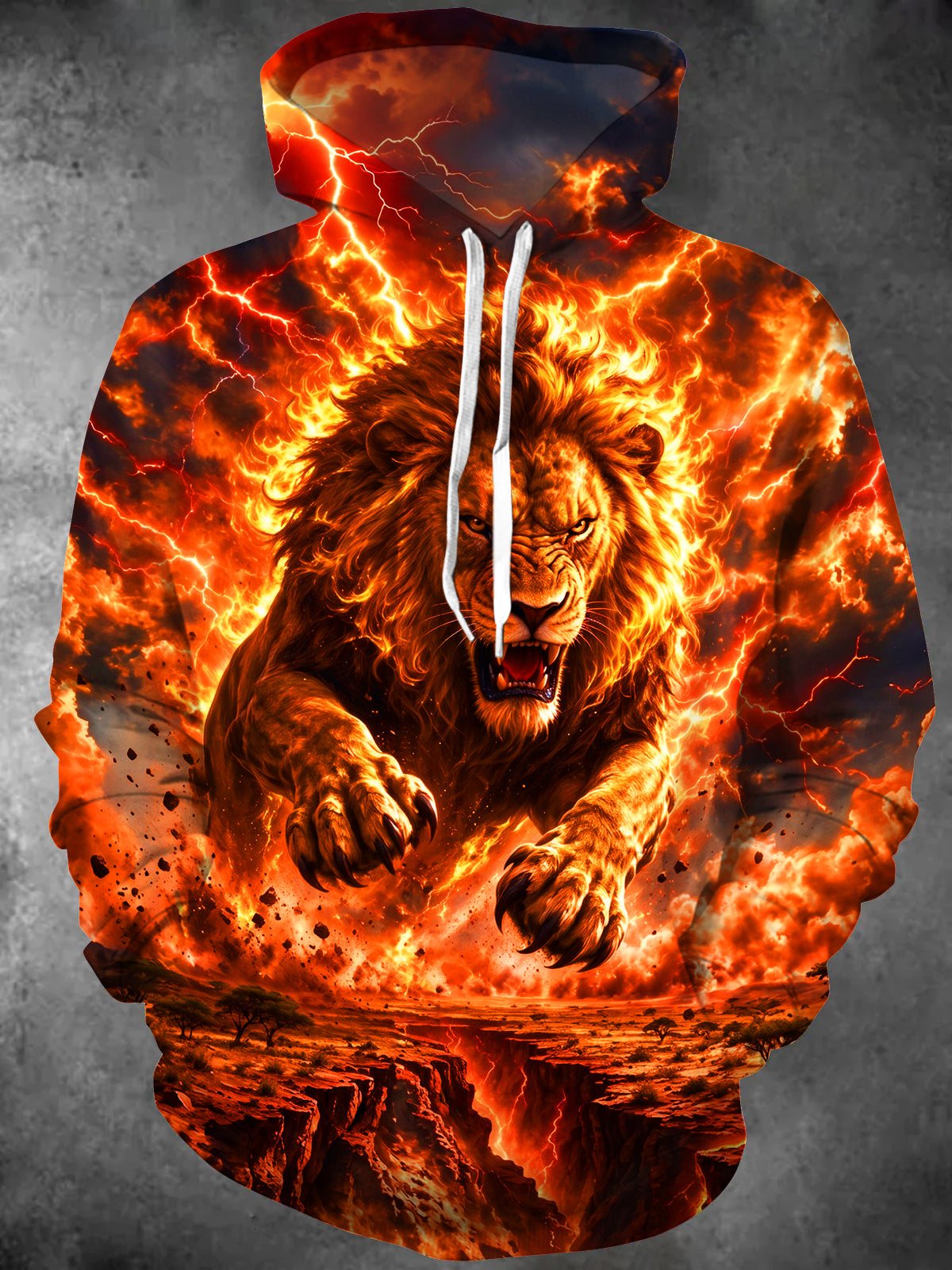 Oceanlyte Men's Flaming Lion With Lightning Print Long Sleeve Pullover Hoodie with Kangaroo Pocket