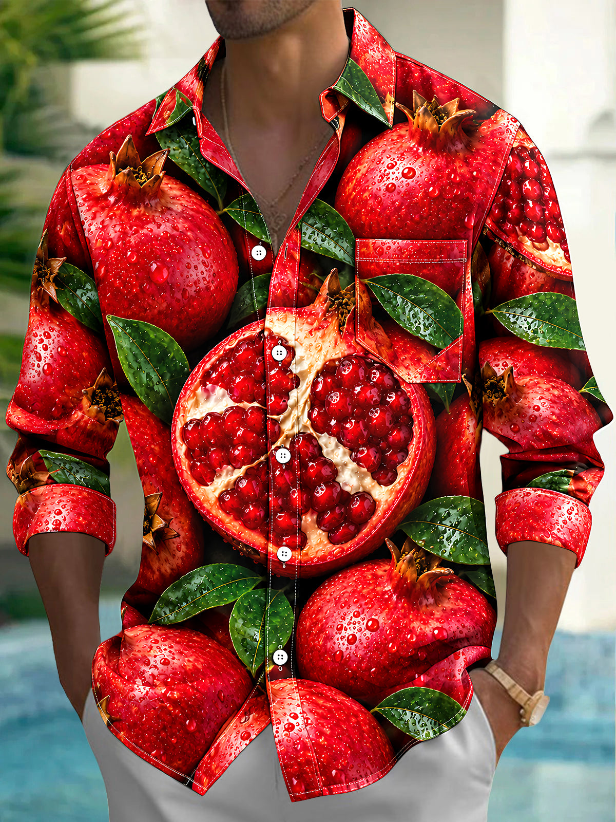 Oceanlyte Men's Printed Pomegranate Fruit And Leaves Print Long Sleeve Shirt with Chest Pocket