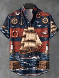 Oceanlyte Men's Short Sleeve Stand Collar Shirt - Vintage Sailing Ship And Nautical Elements Print with Chest Pocket
