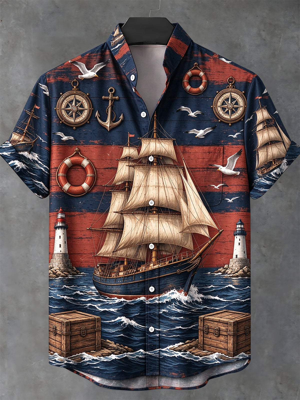 Oceanlyte Men's Short Sleeve Stand Collar Shirt - Vintage Sailing Ship And Nautical Elements Print with Chest Pocket