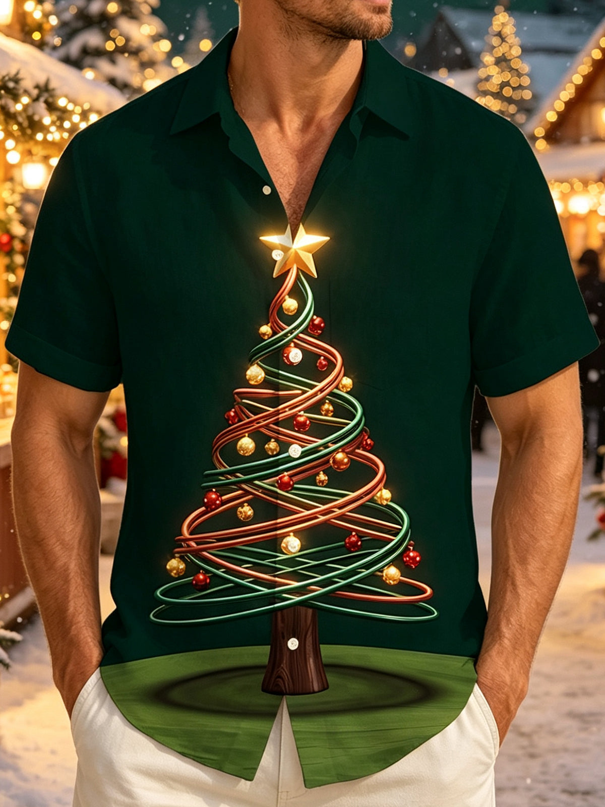 Oceanlyte Men's Christmas Tree With Ornaments And Star Print Short Sleeve Shirt with Chest Pocket