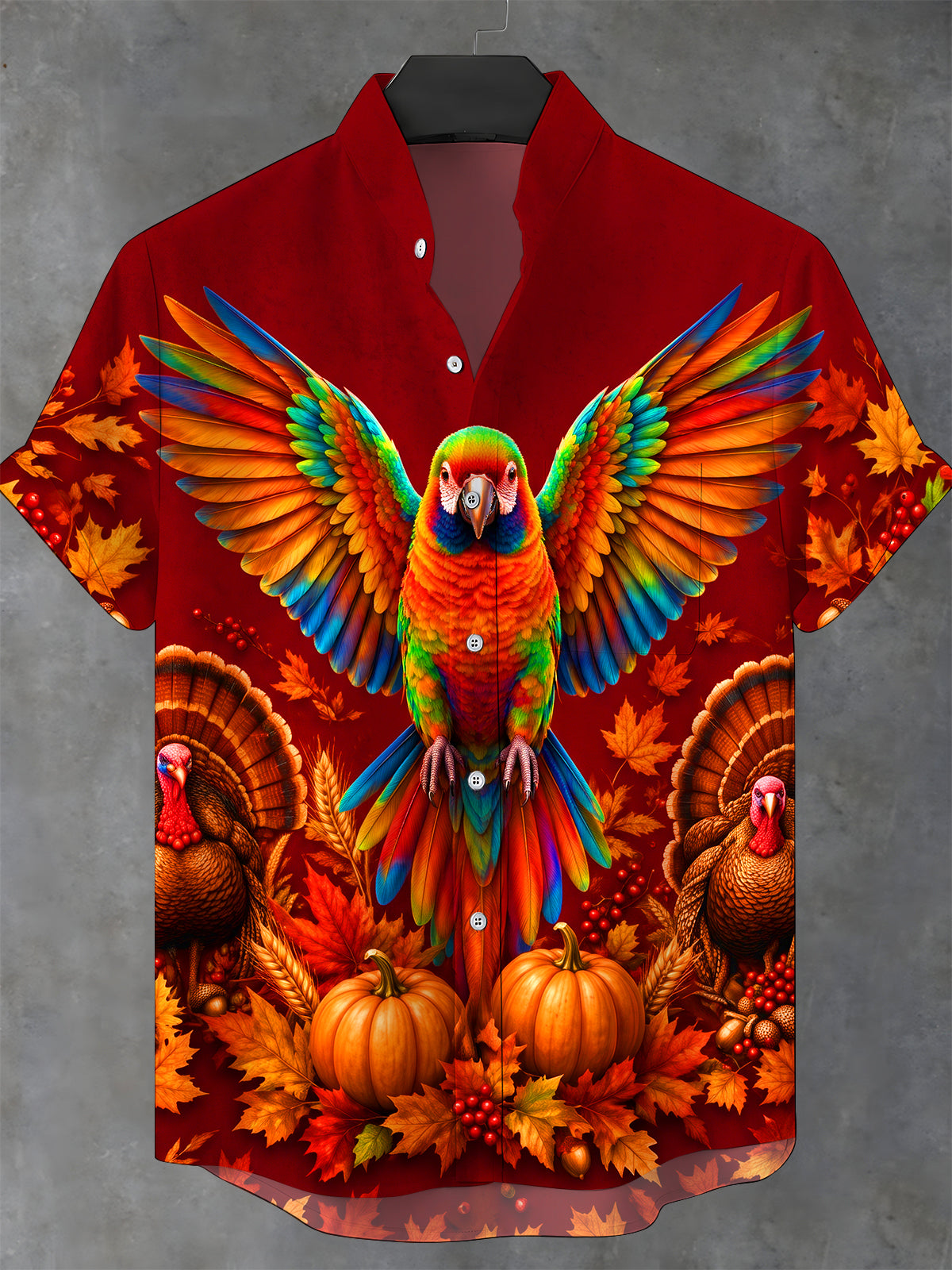 Oceanlyte Men's Short Sleeve Stand Collar Shirt - Thanksgiving Colorful Parrot And Turkeys With Autumn Leaves Print with Chest Pocket