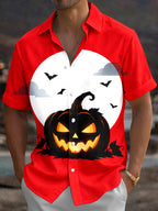 Oceanlyte Men's Halloween Jack-o-lantern And Bats Print Short Sleeve Shirt with Chest Pocket