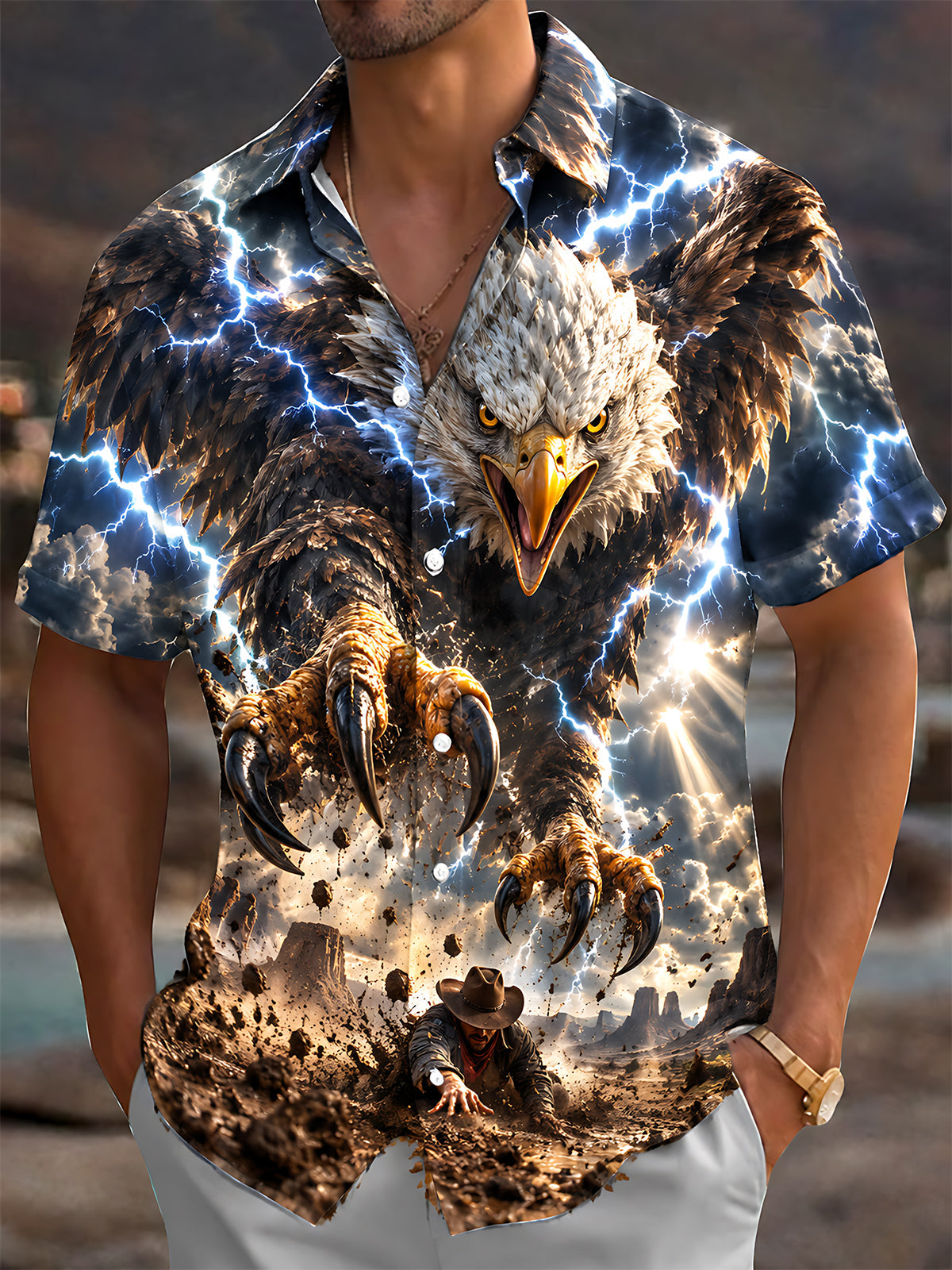 Oceanlyte Men's Short Sleeve Shirt - Eagle With Lightning And Desert Landscape Print with Chest Pocket