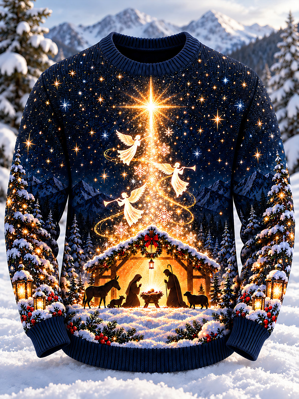Oceanlyte Men's Long Sleeve Crew Neck Sweater - Nativity Scene With Angels And Star Print