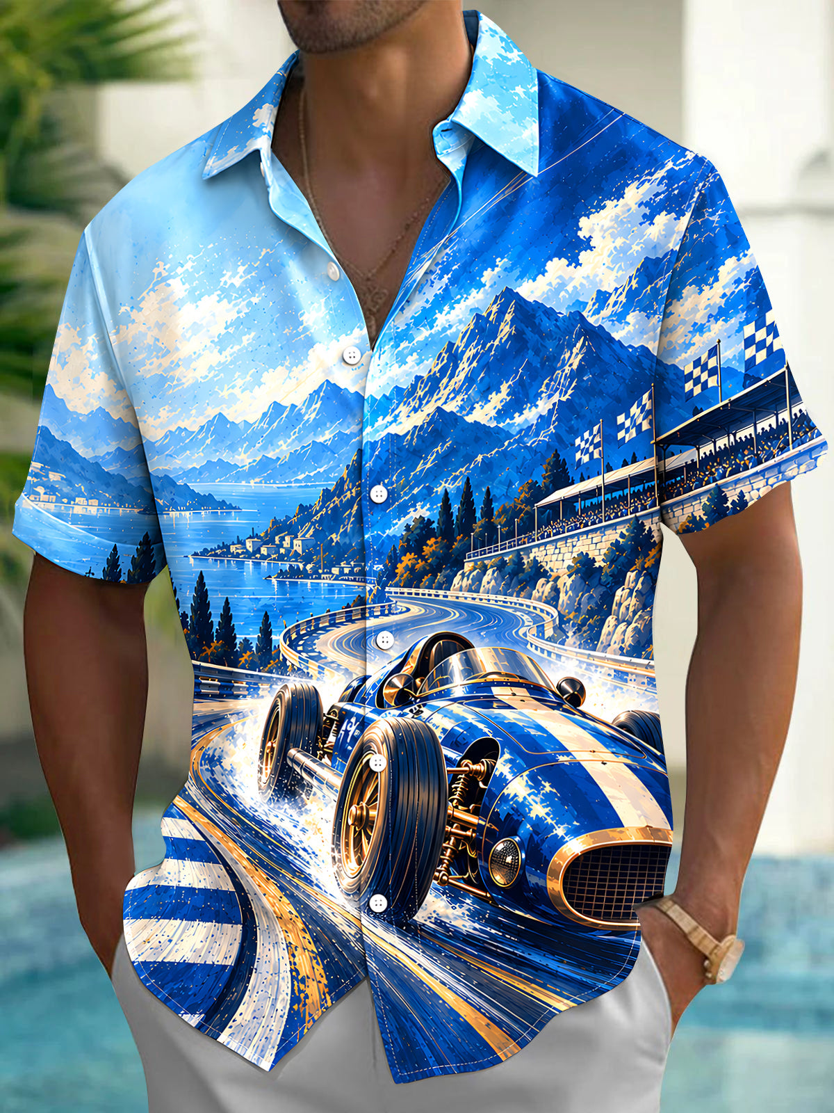 Oceanlyte Men's Vintage Racing Car On Mountain Track Print Short Sleeve Shirt with Chest Pocket