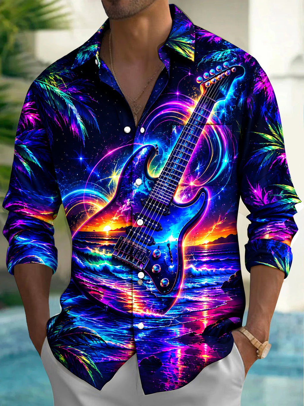 Oceanlyte Men's Neon Electric Guitar And Sunset Ocean Print Long Sleeve Shirt with Chest Pocket