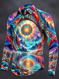 Oceanlyte Men's Long Sleeve Shirt - Psychedelic Mountain Lake Landscape With Mandala Sun Print with Chest Pocket