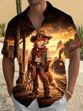 Oceanlyte Men's Printed Western Cowboy Fox Print Short Sleeve Shirt with Chest Pocket