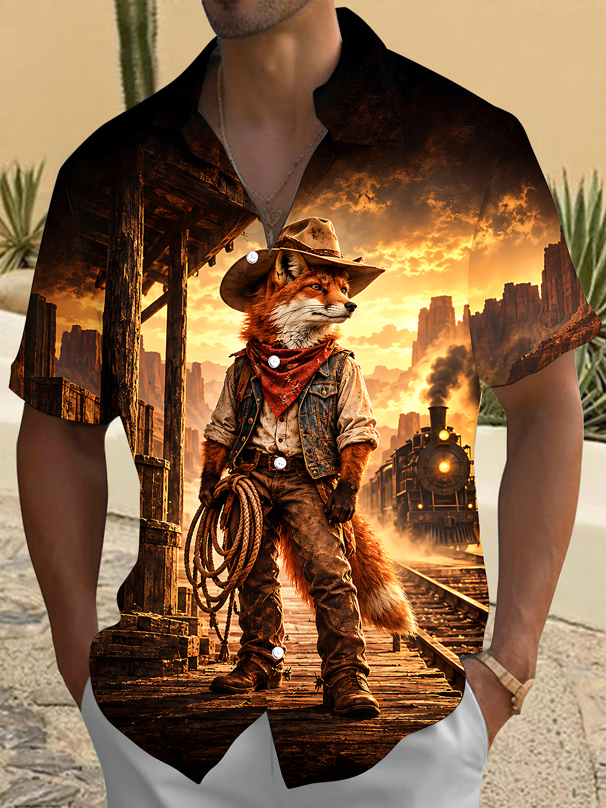 Oceanlyte Men's Printed Western Cowboy Fox Print Short Sleeve Shirt with Chest Pocket