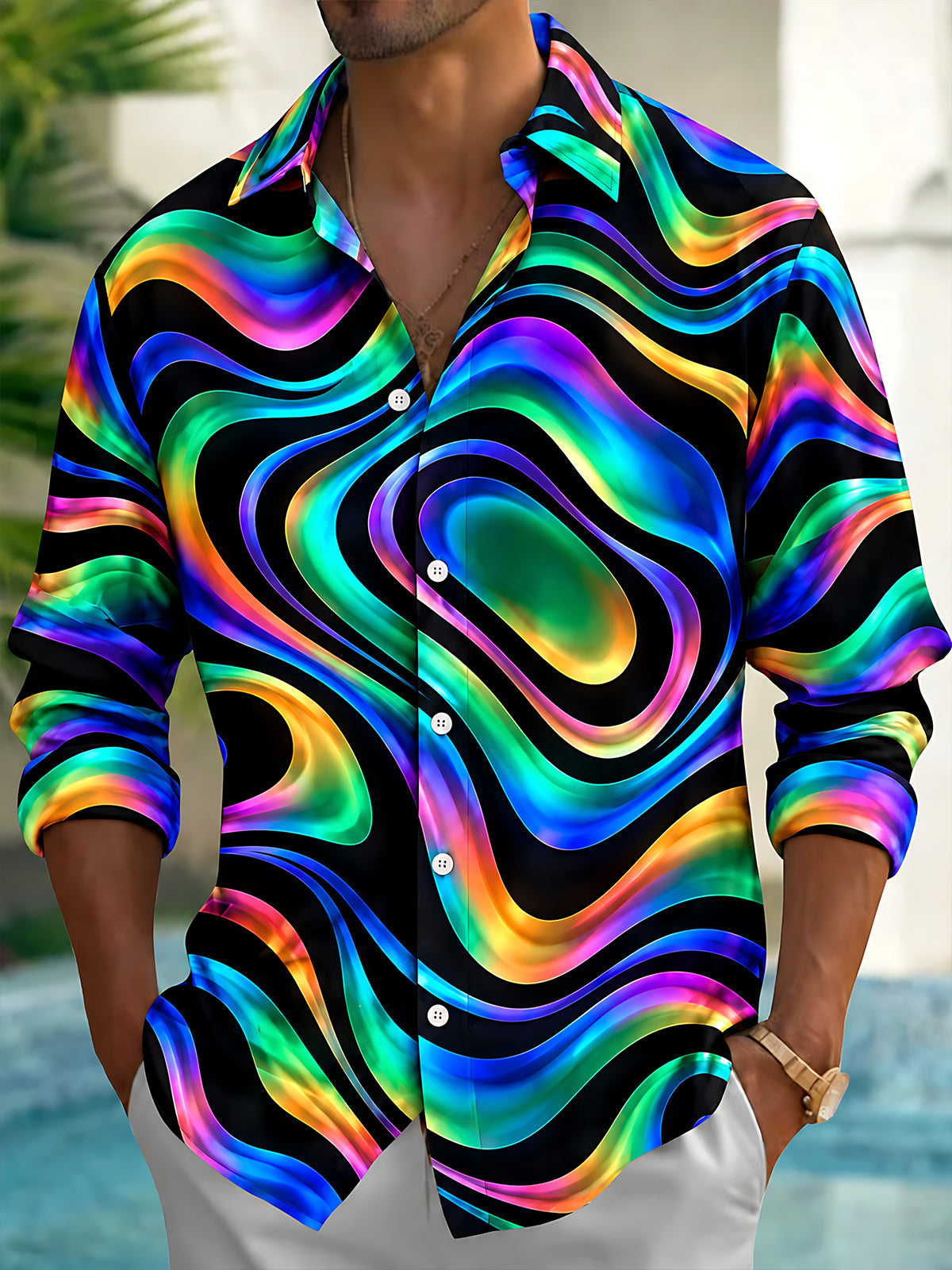 Oceanlyte Men's Printed Neon Abstract Wavy Lines Print Long Sleeve Shirt with Chest Pocket