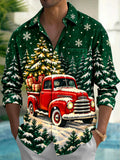 Oceanlyte Men's Long Sleeve Shirt - Vintage Red Truck With Christmas Tree And Gifts Print with Chest Pocket