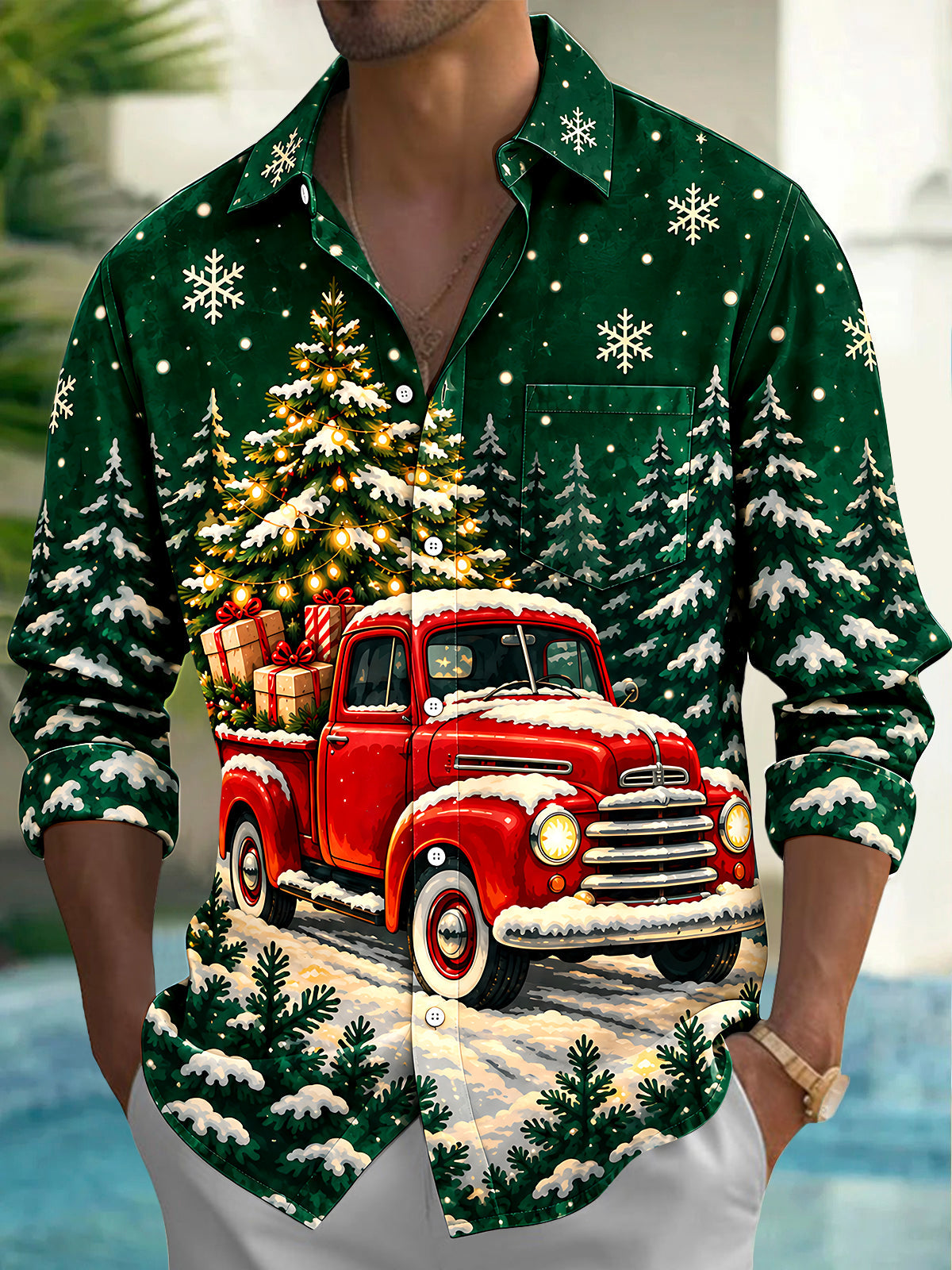 Oceanlyte Men's Long Sleeve Shirt - Vintage Red Truck With Christmas Tree And Gifts Print with Chest Pocket