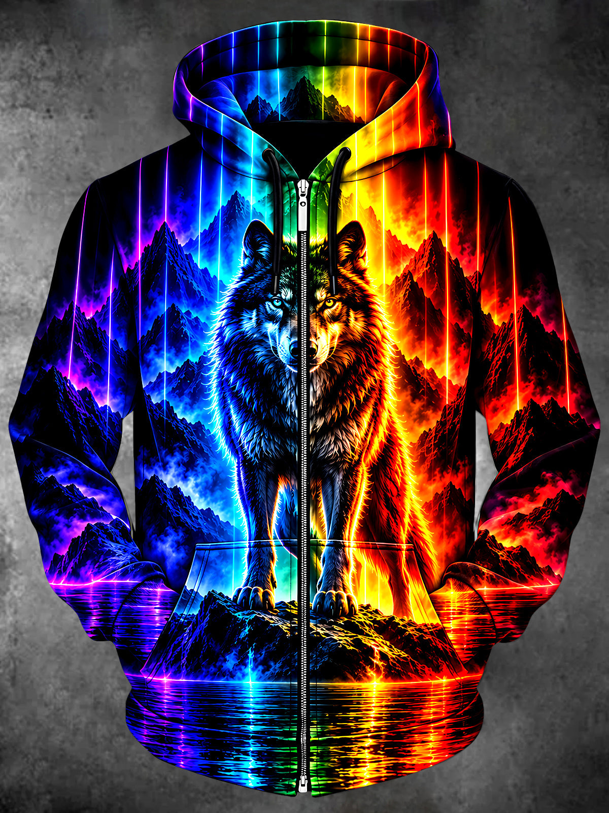 Oceanlyte Men's Wolf With Mountain Landscape Print Long Sleeve Zip-Up Hoodie