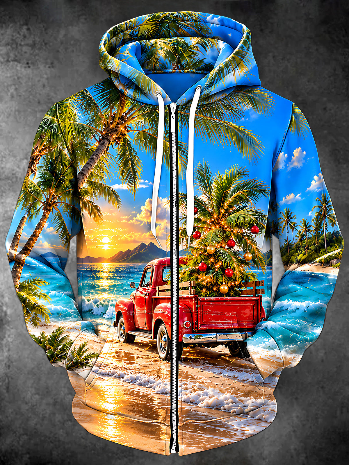 Oceanlyte Men's Long Sleeve Zip-Up Hoodie - Vintage Red Truck With Christmas Tree On Beach Print