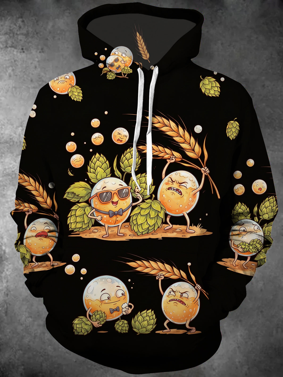 Oceanlyte Men's Anthropomorphic Beer Bubbles And Hops Print Long Sleeve Hoodie