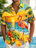 Oceanlyte Men's Flamingo And Palm Tree Beach Sunset Print Short Sleeve Shirt with Chest Pocket