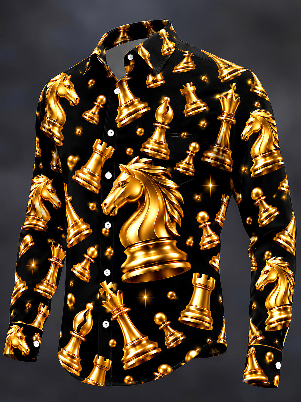 Oceanlyte Men's Patterned Gold Chess Pieces Print Long Sleeve Shirt with Chest Pocket