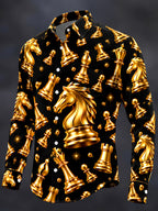 Oceanlyte Men's Patterned Gold Chess Pieces Print Long Sleeve Shirt with Chest Pocket