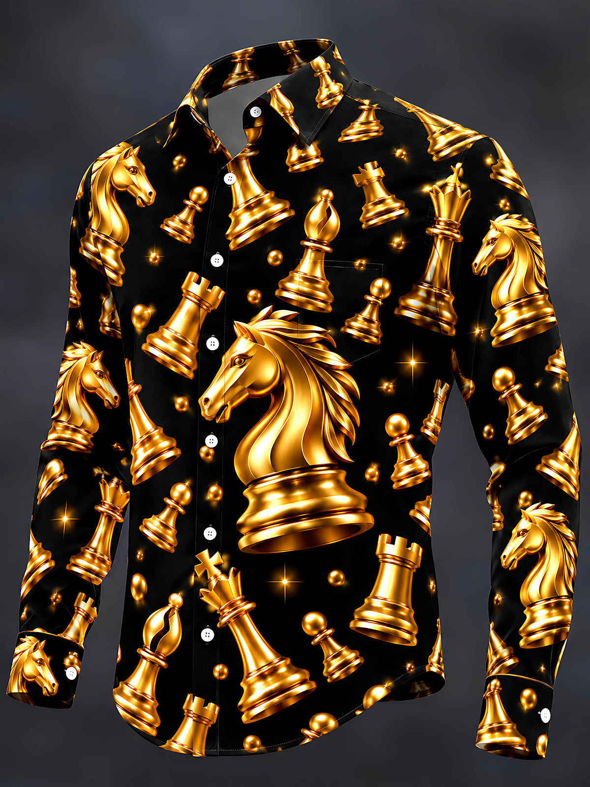 Oceanlyte Men's Patterned Gold Chess Pieces Print Long Sleeve Shirt with Chest Pocket