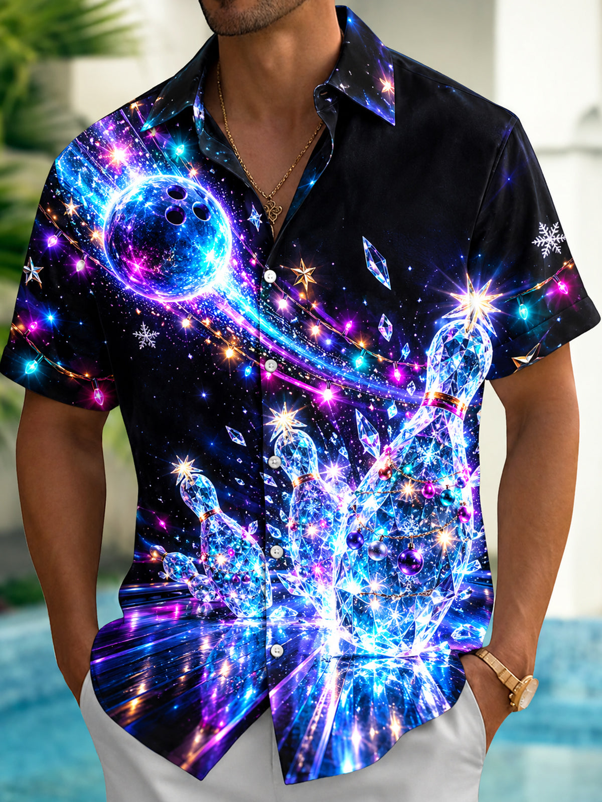 Oceanlyte Men's Short Sleeve Shirt - Crystal Bowling Pins And Bowling Ball With Christmas Ornaments Print with Chest Pocket
