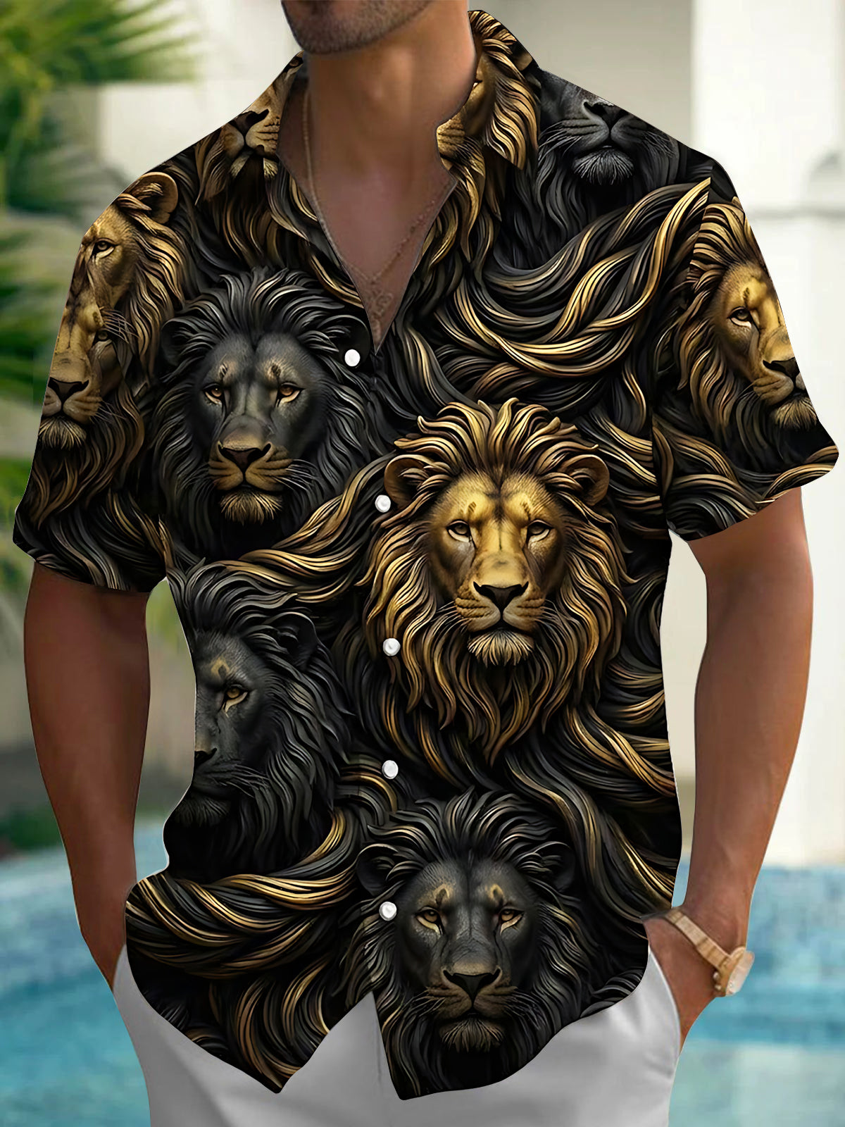Oceanlyte Men's Hawaiian Lion Faces Print Short Sleeve Shirt with Chest Pocket