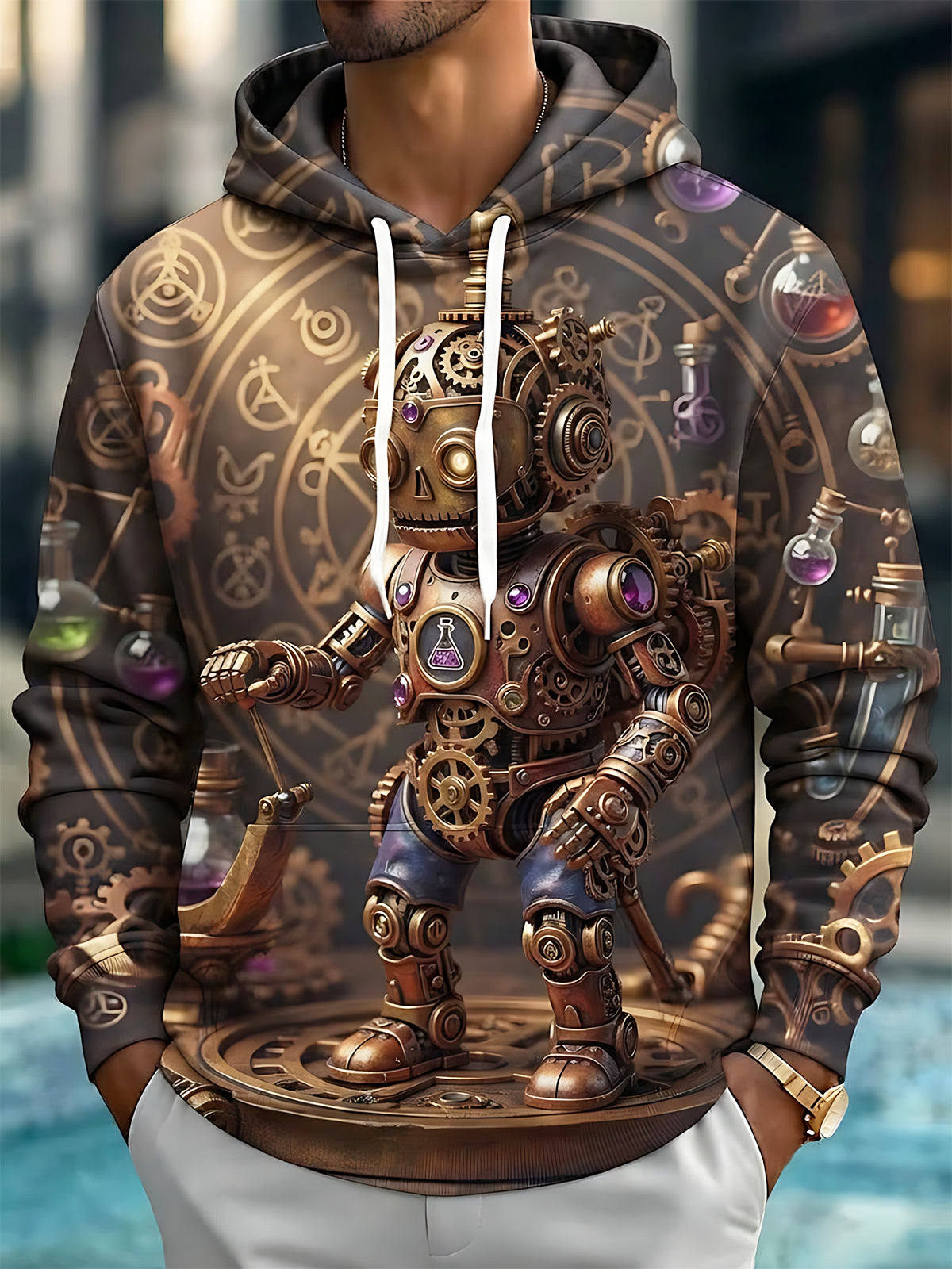 Oceanlyte Men's Long Sleeve Hoodie - Steampunk Mechanical Puppet With Gears And Alchemy Potions Print