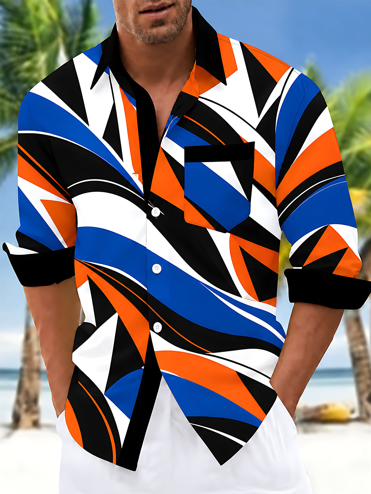 Oceanlyte Men's Geometric Abstract Waves And Stripes Print Long Sleeve Shirt with Chest Pocket