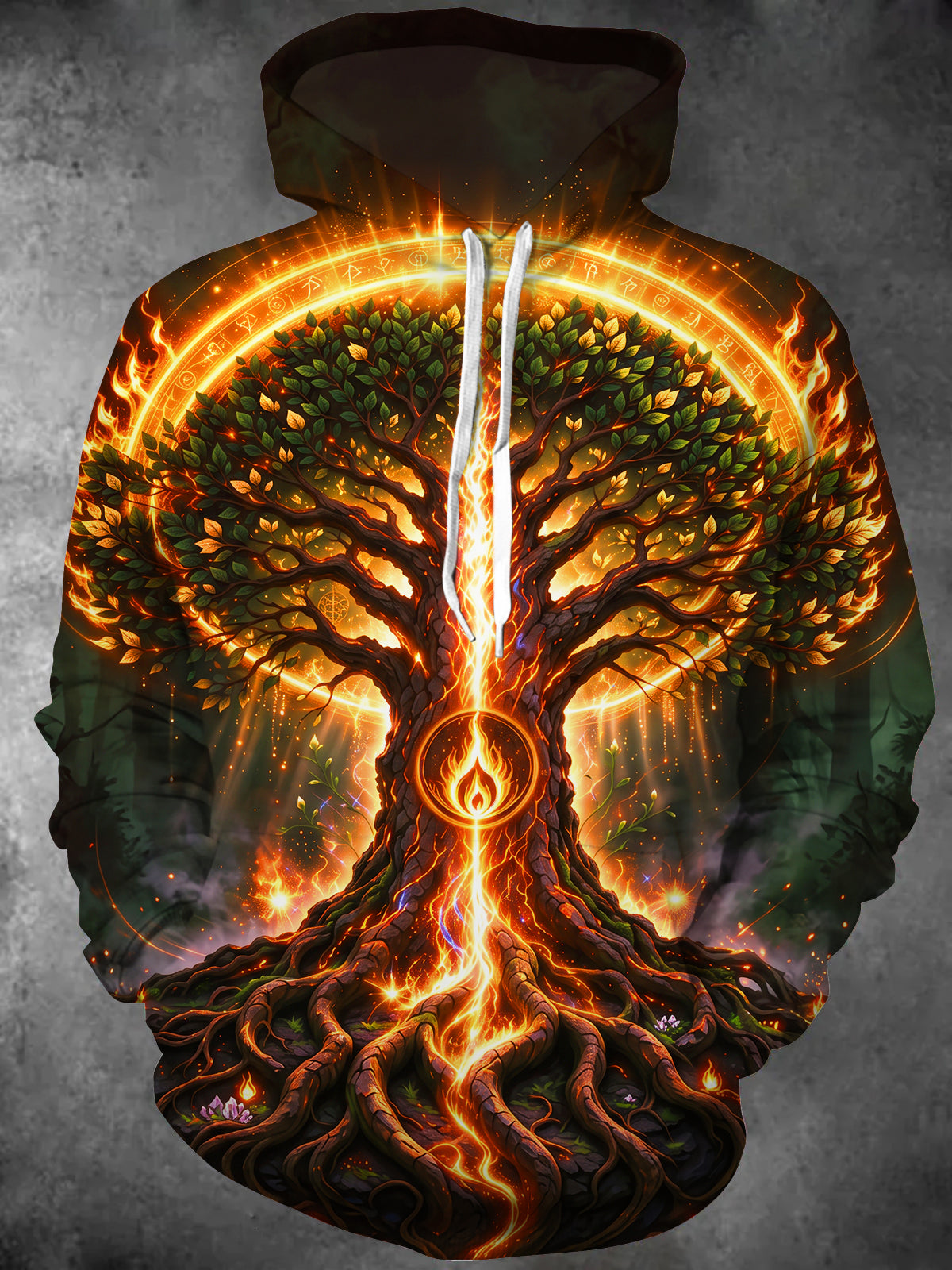 Oceanlyte Men's Tree Of Life With Rune Circle And Fire Print Long Sleeve Hoodie