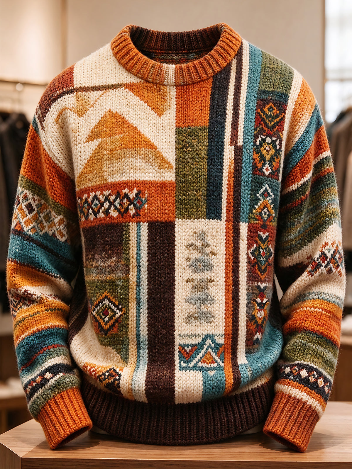 Oceanlyte Men's Geometric Patchwork Pattern Long Sleeve Crew Neck Sweater