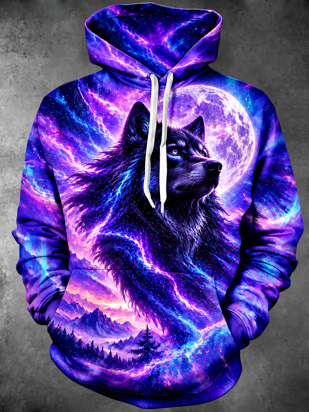 Oceanlyte Men's Long Sleeve Hoodie - Wolf Head With Full Moon And Galaxy Background Print