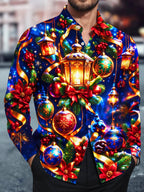 Oceanlyte Men's Printed Christmas Lanterns And Ornaments Print Long Sleeve Shirt with Chest Pocket