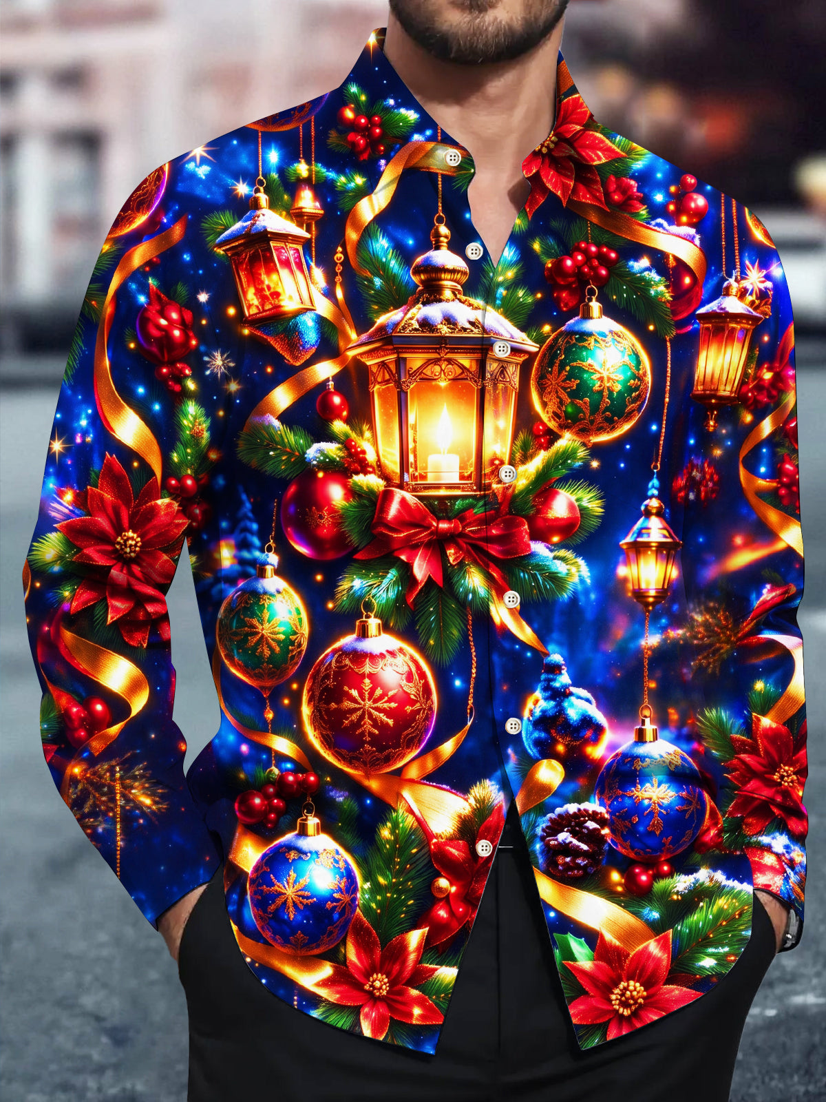 Oceanlyte Men's Printed Christmas Lanterns And Ornaments Print Long Sleeve Shirt with Chest Pocket