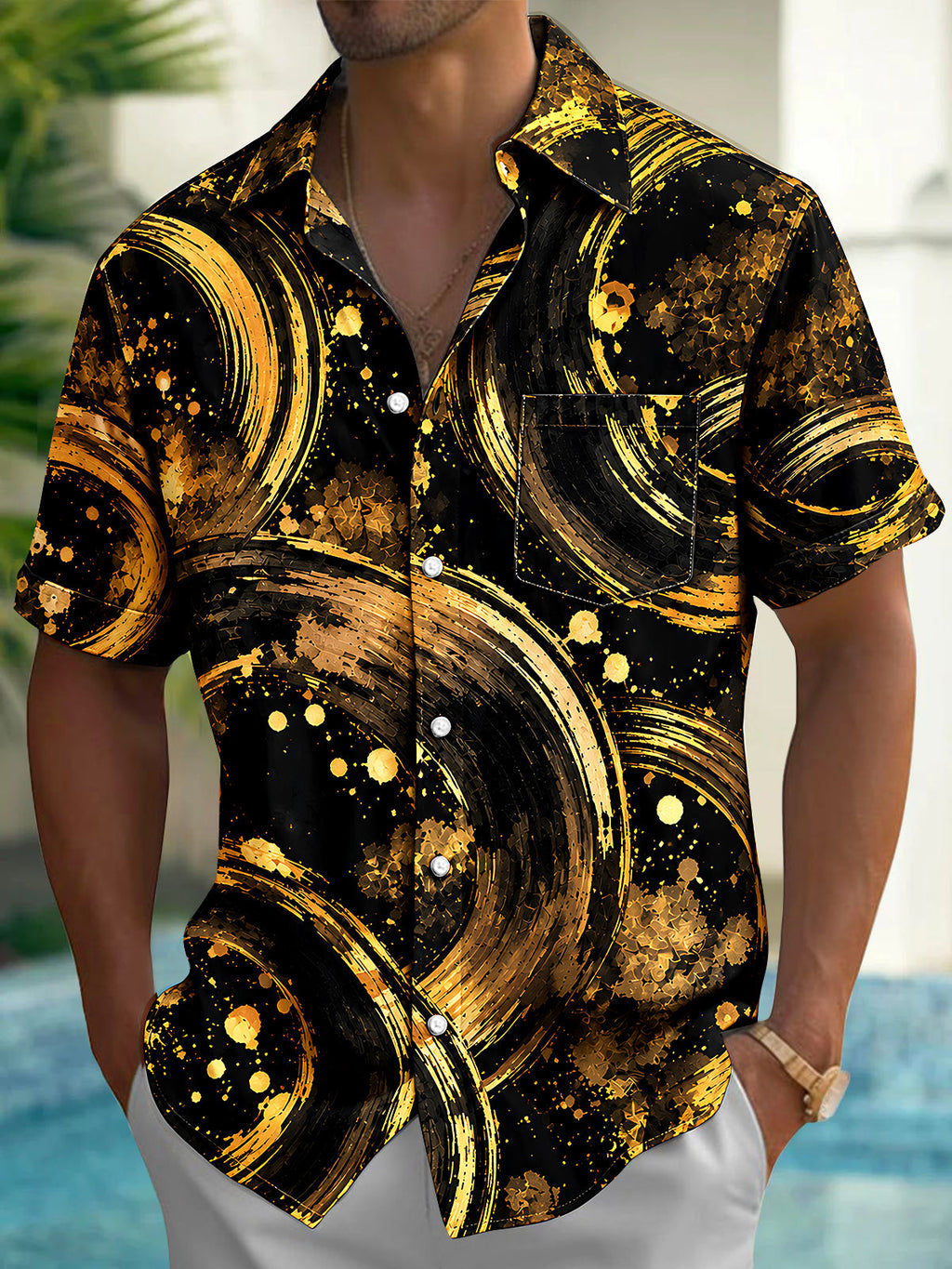 Oceanlyte Men's Short Sleeve Shirt - Abstract Gold And Black Swirls With Splatters Print with Chest Pocket