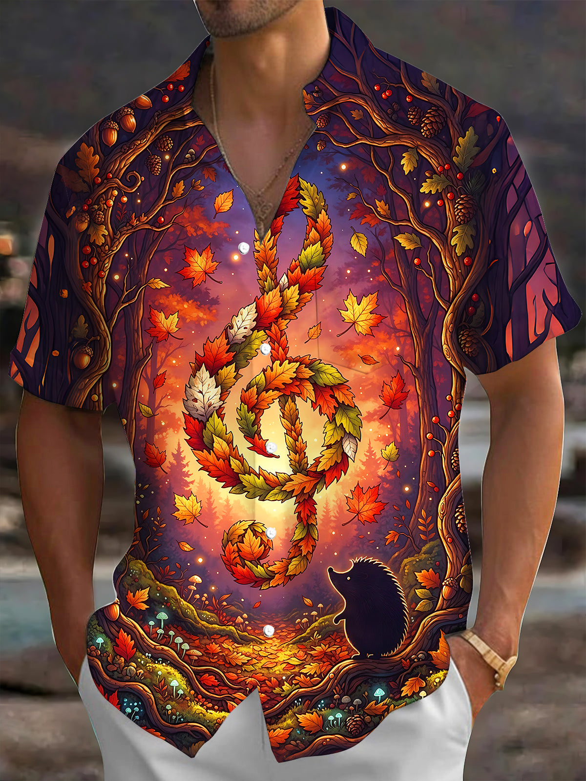 Oceanlyte Men's Short Sleeve Shirt - Autumn Forest Treble Clef Made Of Leaves Print with Chest Pocket