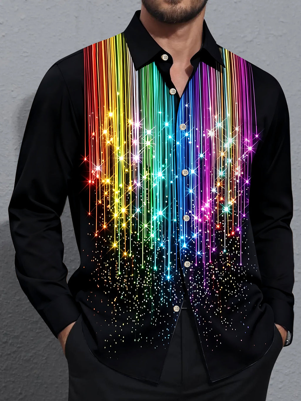 Oceanlyte Men's Rainbow Gradient Lines With Sparkles Print Long Sleeve Shirt with Chest Pocket