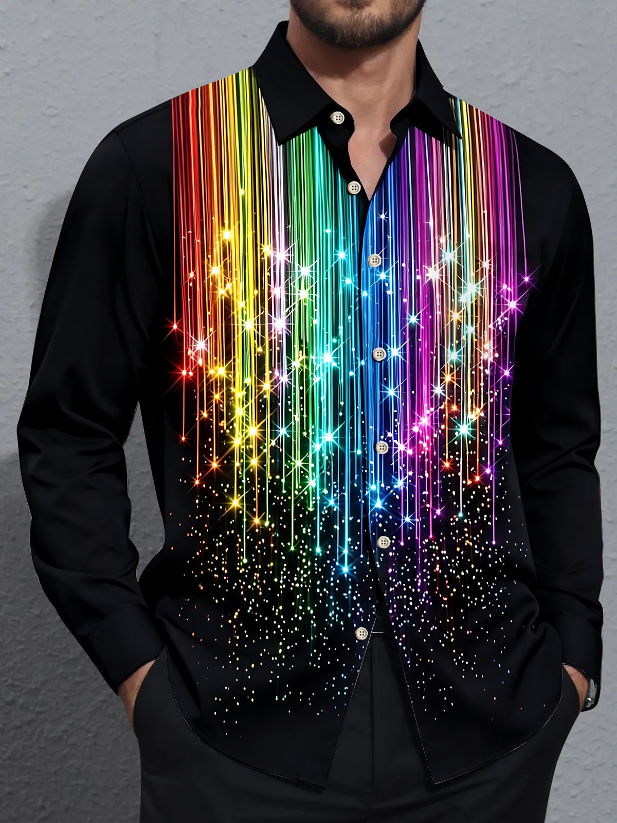 Oceanlyte Men's Rainbow Gradient Lines With Sparkles Print Long Sleeve Shirt with Chest Pocket