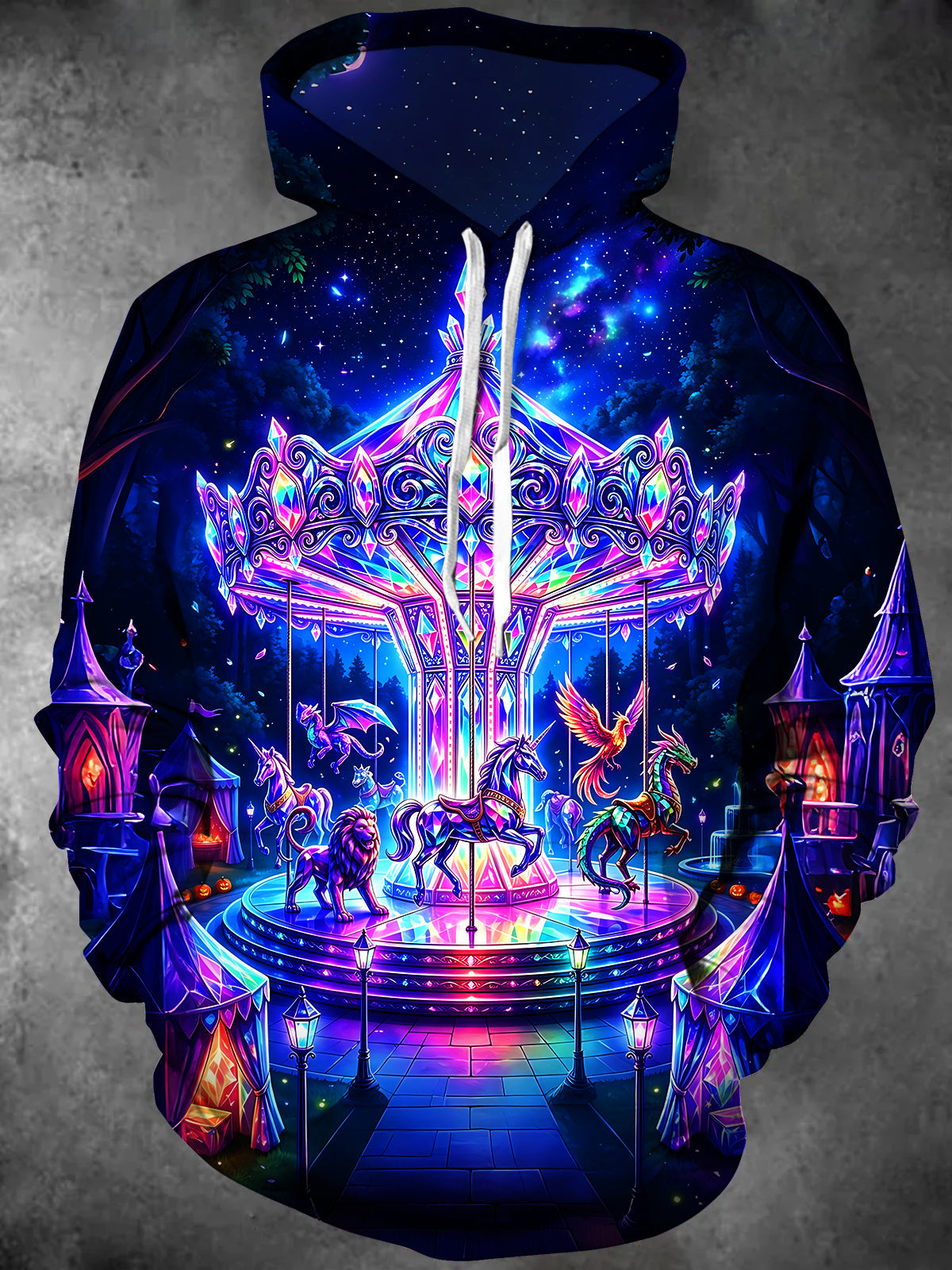 Oceanlyte Men's Neon Carousel With Fantasy Creatures Print Long Sleeve Hoodie