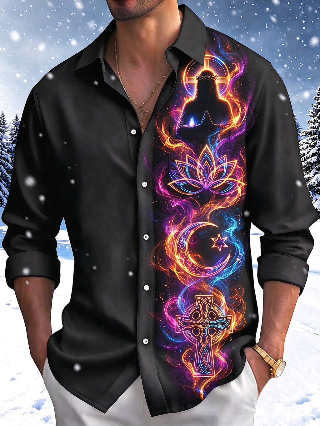 Oceanlyte Men's Neon Religious And Spiritual Symbols Print Long Sleeve Shirt with Chest Pocket