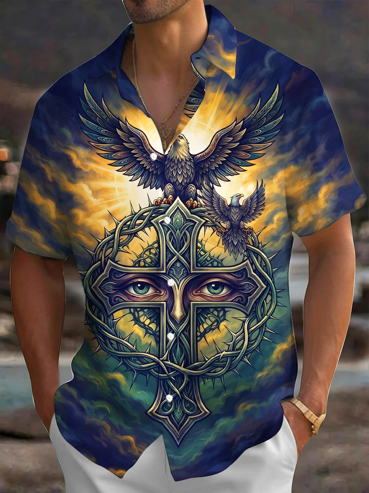 Oceanlyte Men's Eagles And Thorn Cross With Eyes Print Short Sleeve Shirt with Chest Pocket