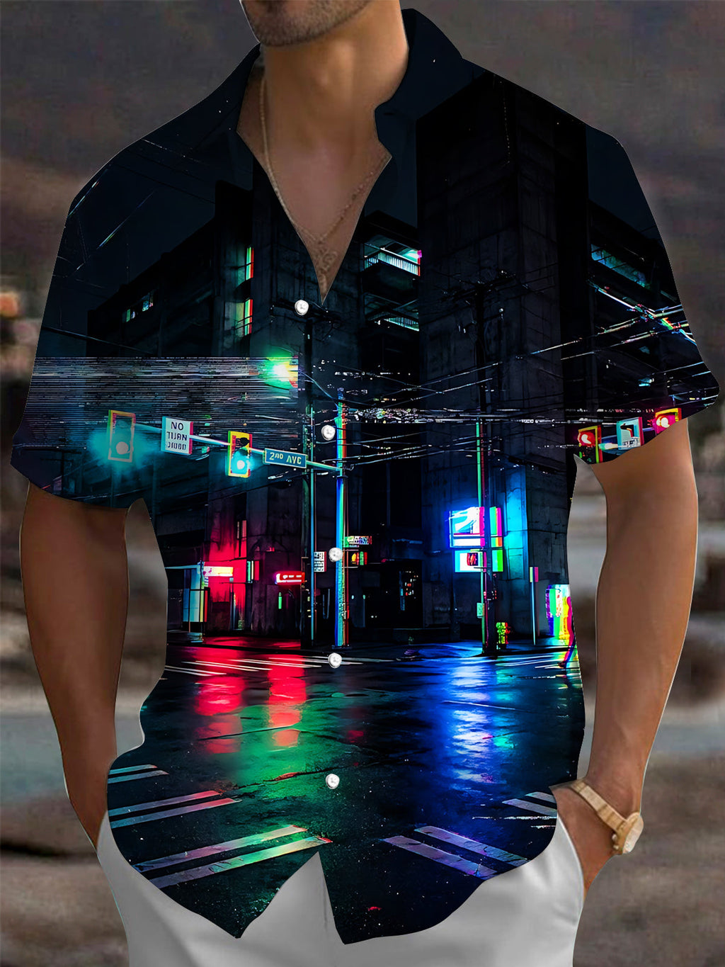 Oceanlyte Men's Printed Neon City Street Night Scene Print Short Sleeve Shirt with Chest Pocket