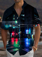Oceanlyte Men's Printed Neon City Street Night Scene Print Short Sleeve Shirt with Chest Pocket