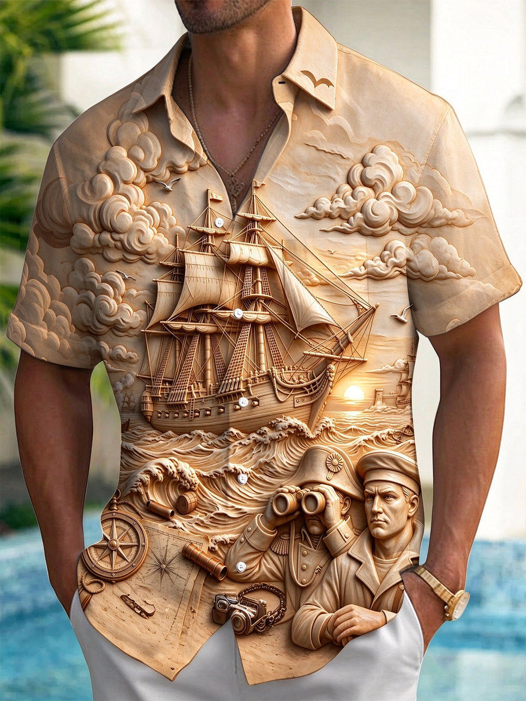 Oceanlyte Men's Short Sleeve Shirt - The "Line of Battle" Vintage Military Navy And Sailing Ship Relief Print with Chest Pocket
