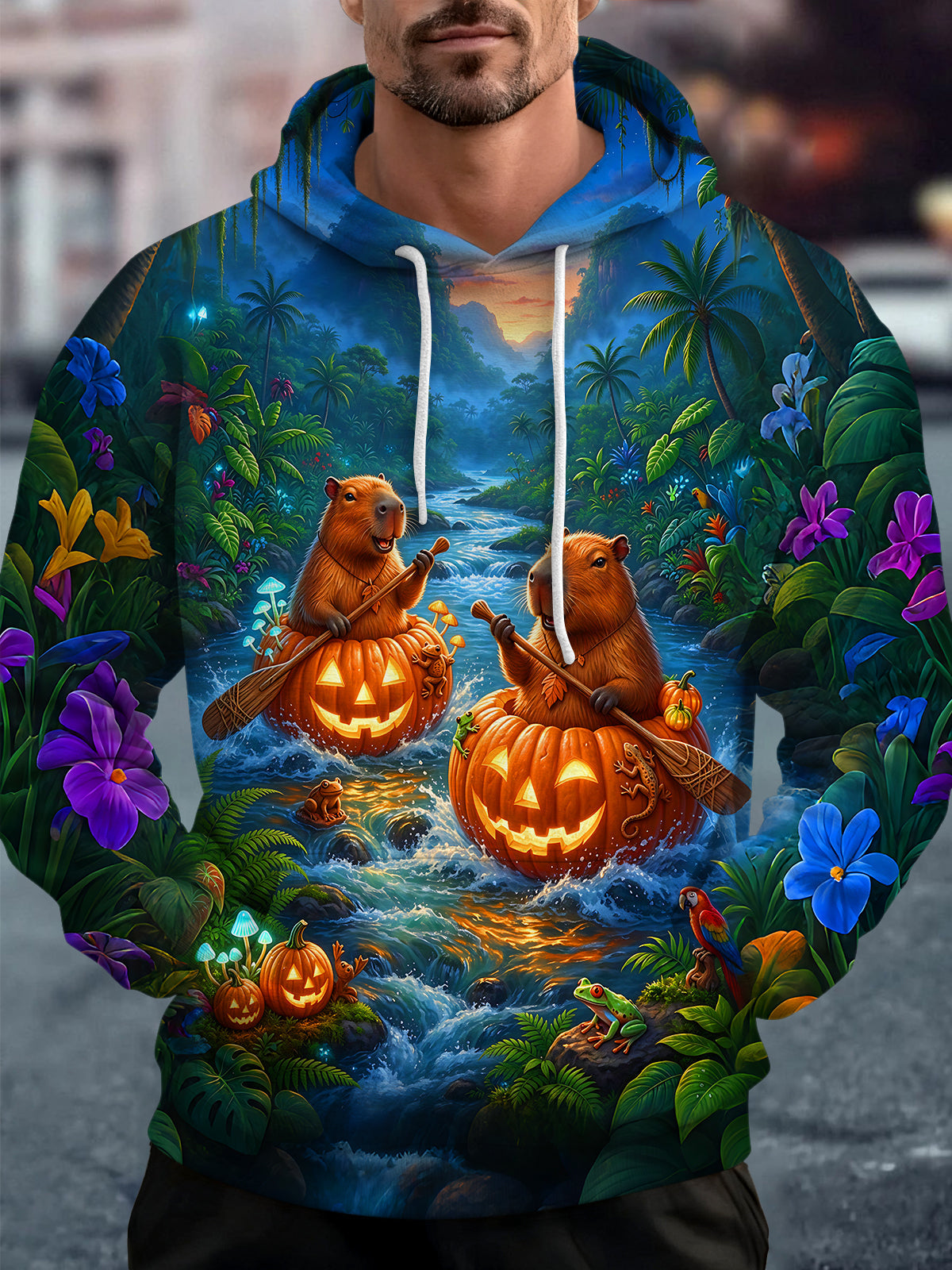 Oceanlyte Men's Long Sleeve Hoodie - Halloween Capybaras In Jack-o-lantern Boats Print