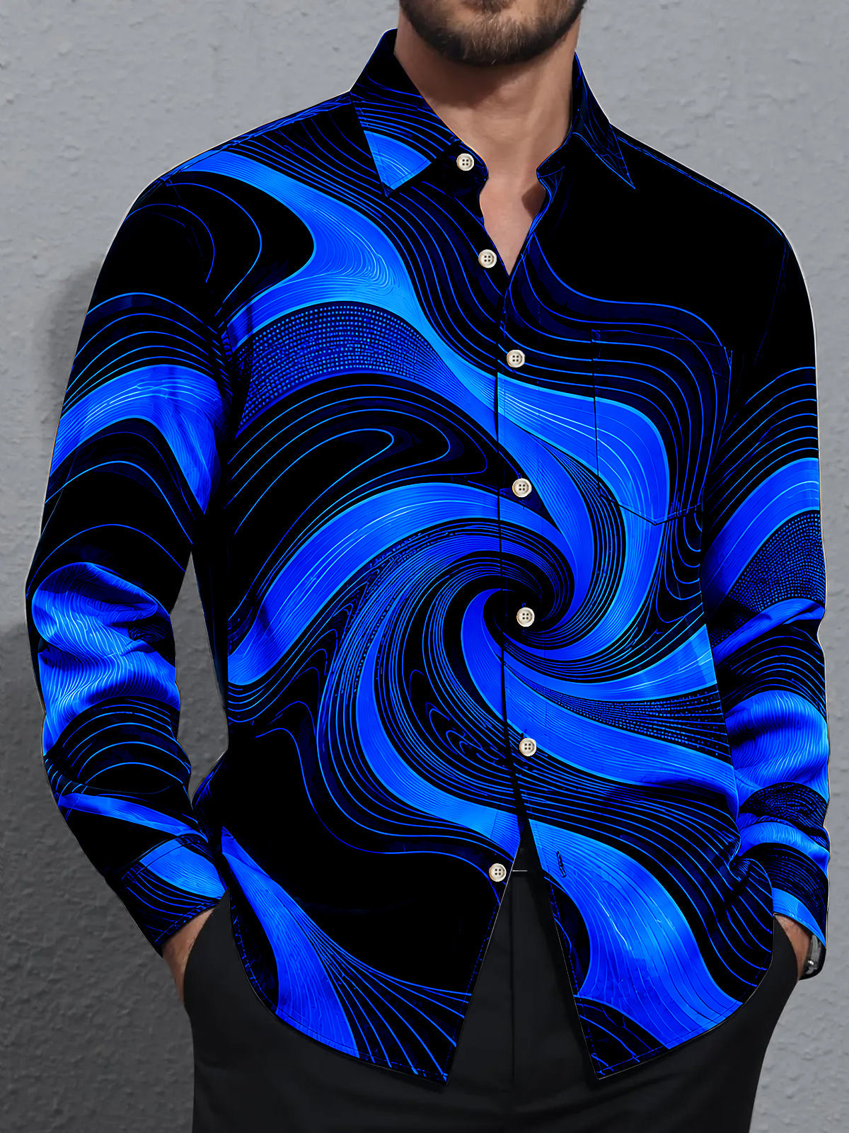 Oceanlyte Men's Abstract Abstract Blue And Black Swirl Pattern Long Sleeve Shirt with Chest Pocket