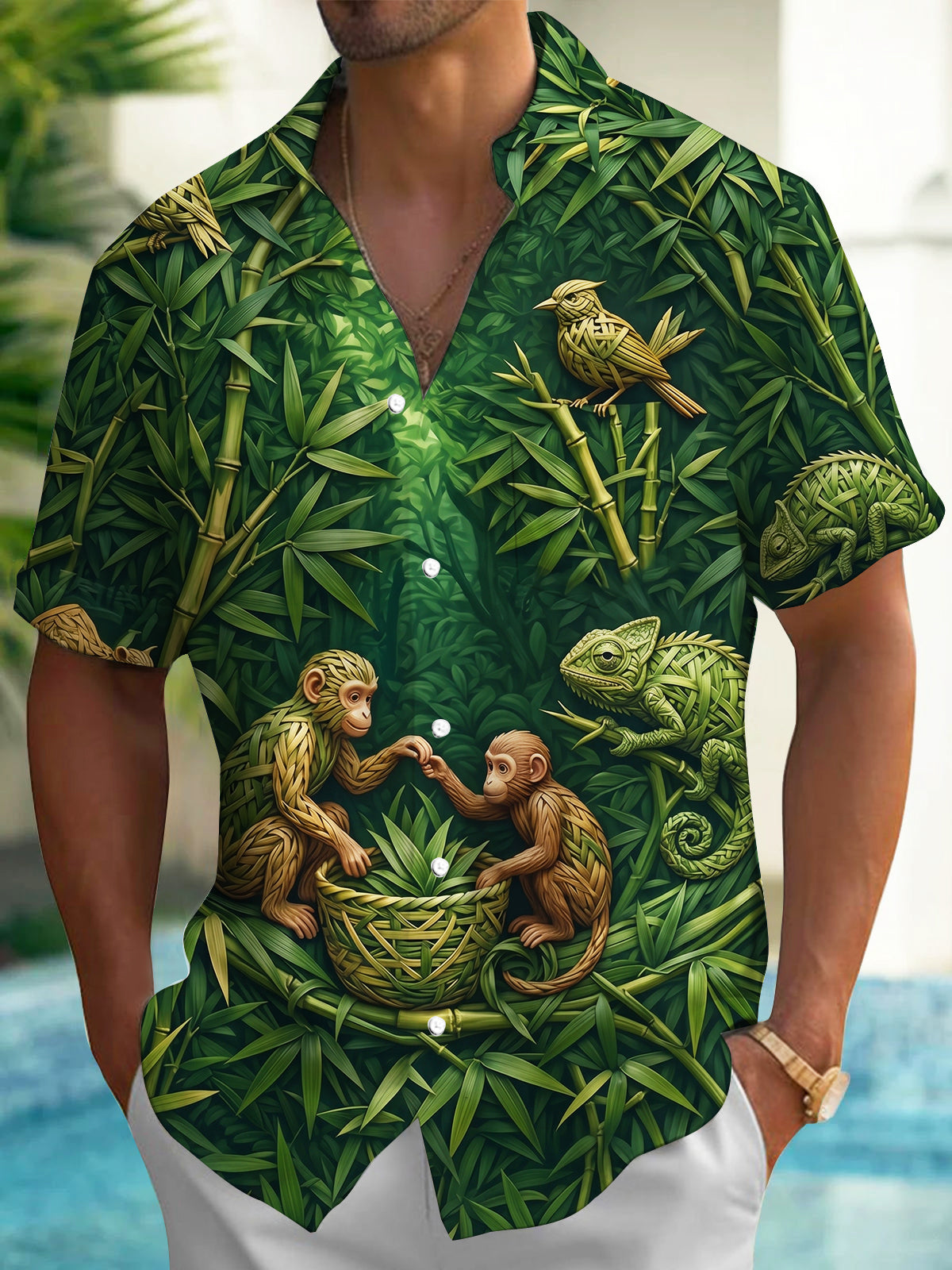 Oceanlyte Men's Short Sleeve Shirt - Bamboo Weave Monkeys And Chameleon Birds Print with Chest Pocket