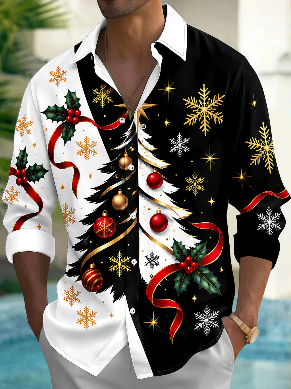 Oceanlyte Men's Christmas Tree With Ornaments And Holly Print Long Sleeve Shirt with Chest Pocket