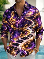 Oceanlyte Men's Graphic Piano Keyboard And Musical Notes Print Long Sleeve Shirt with Chest Pocket