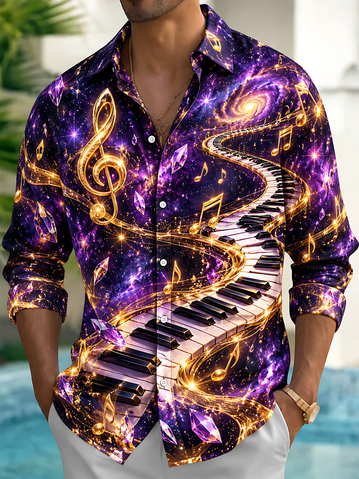Oceanlyte Men's Graphic Piano Keyboard And Musical Notes Print Long Sleeve Shirt with Chest Pocket